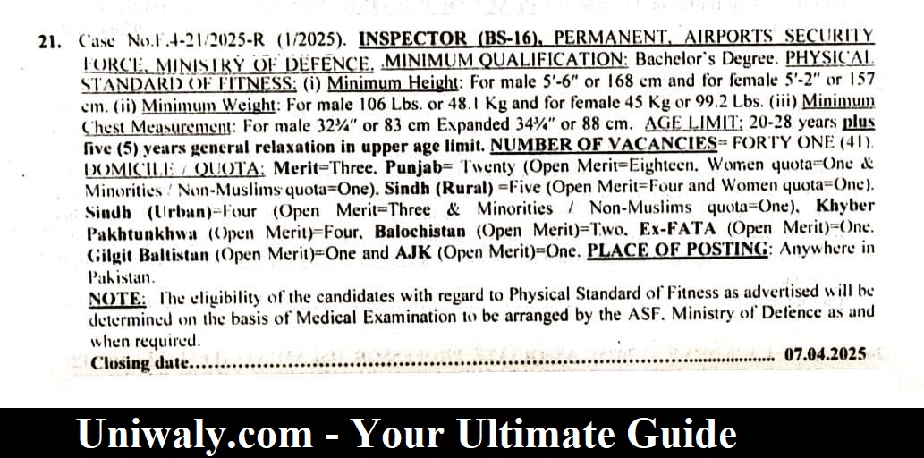 Inspector ASF Seats announced through FPSC 2025