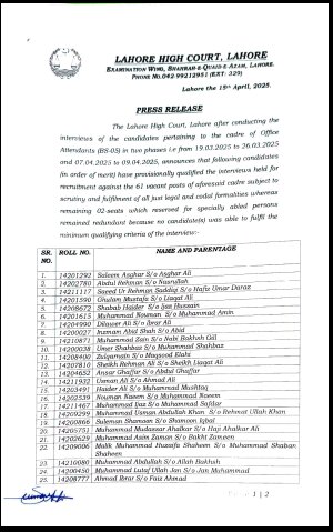 Final List of Selected Candidates for the post of Office Attendent Lahore High Court 2025