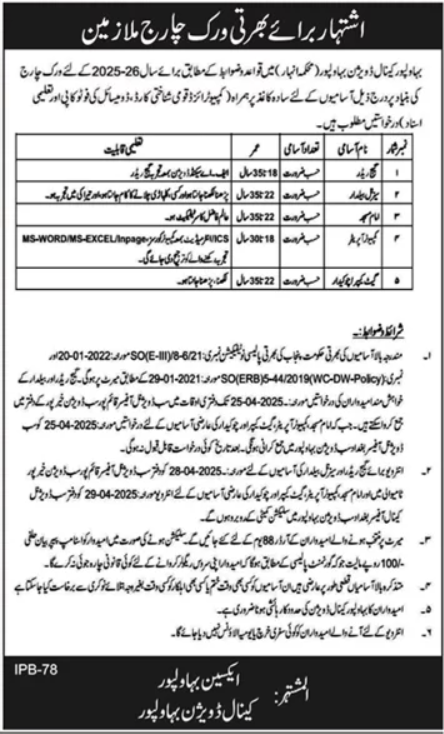 Irrigation Department Bahawalpur Canal Division Jobs 2025